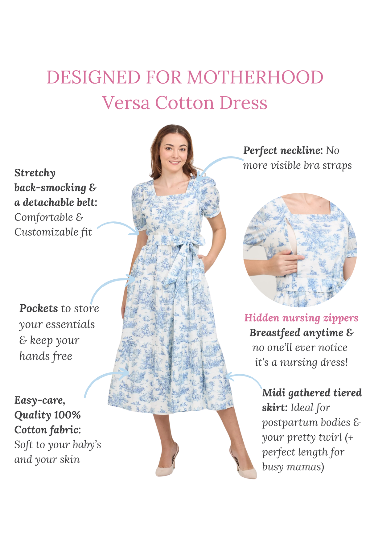 Versa Cotton Dress with Nursing Zippers in Vintage Blue Toile