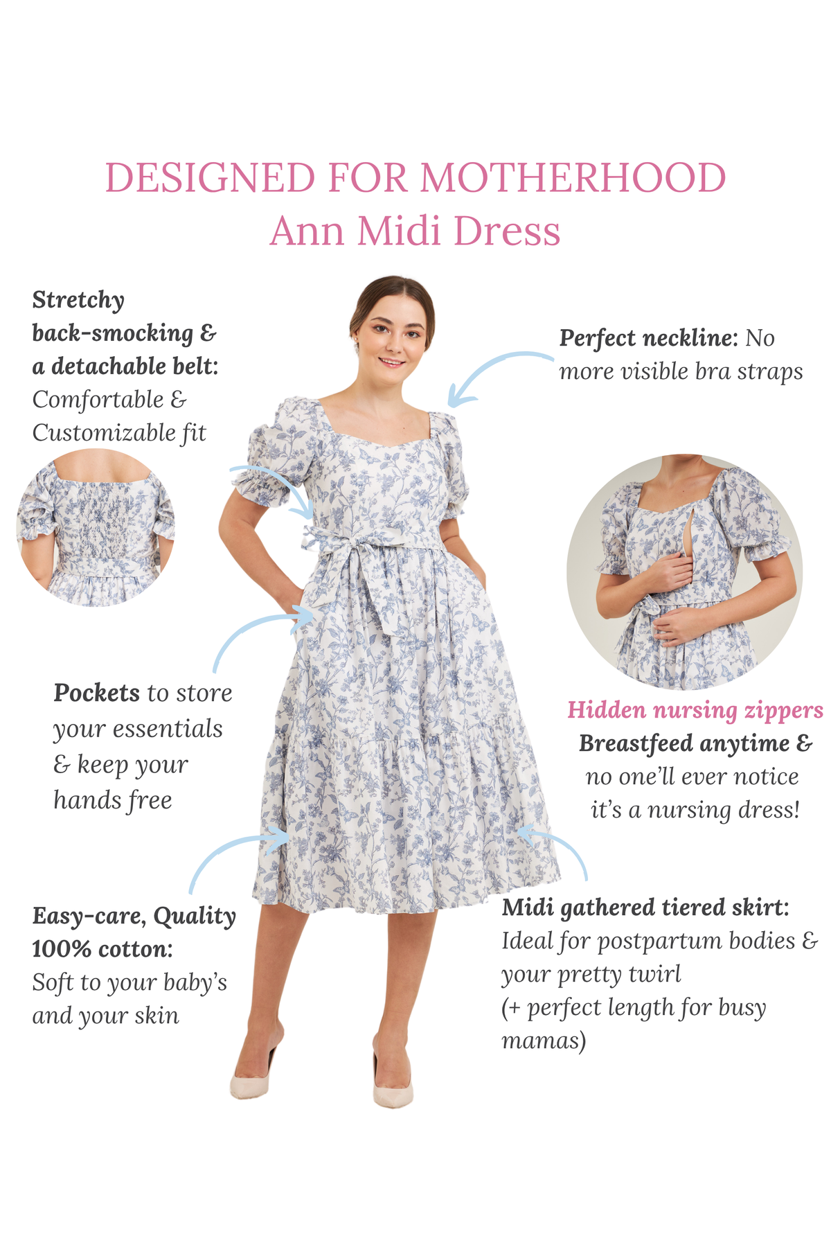 Ann Midi Dress with Nursing Zippers in Blue Toile Butterfly