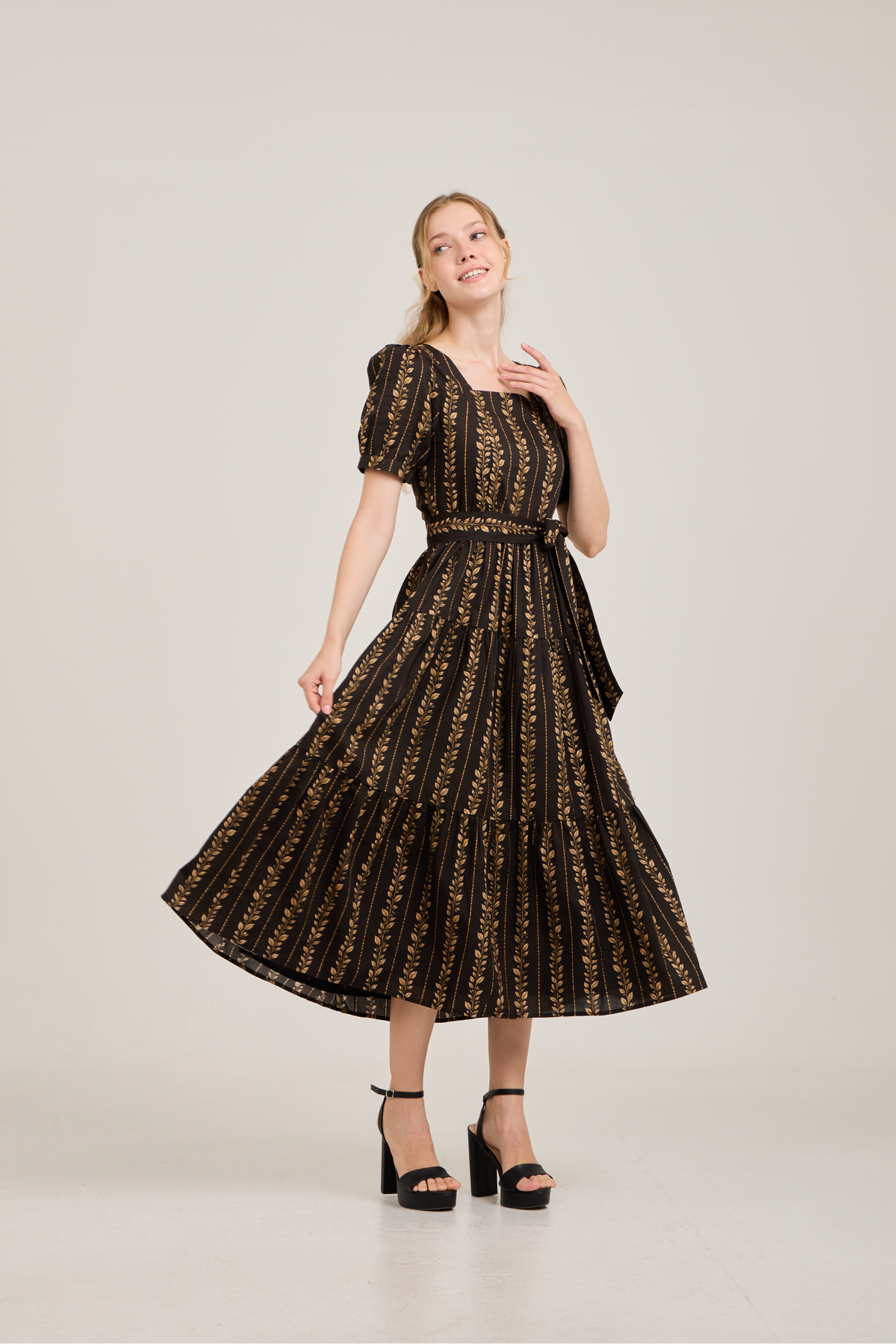 Versa Dress with Nursing Zippers in Brown Leaf Vine