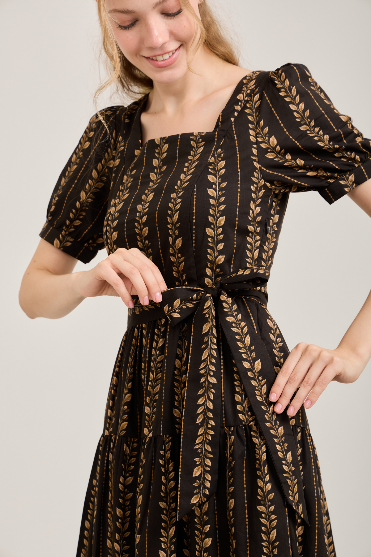 Versa Dress with Nursing Zippers in Brown Leaf Vine