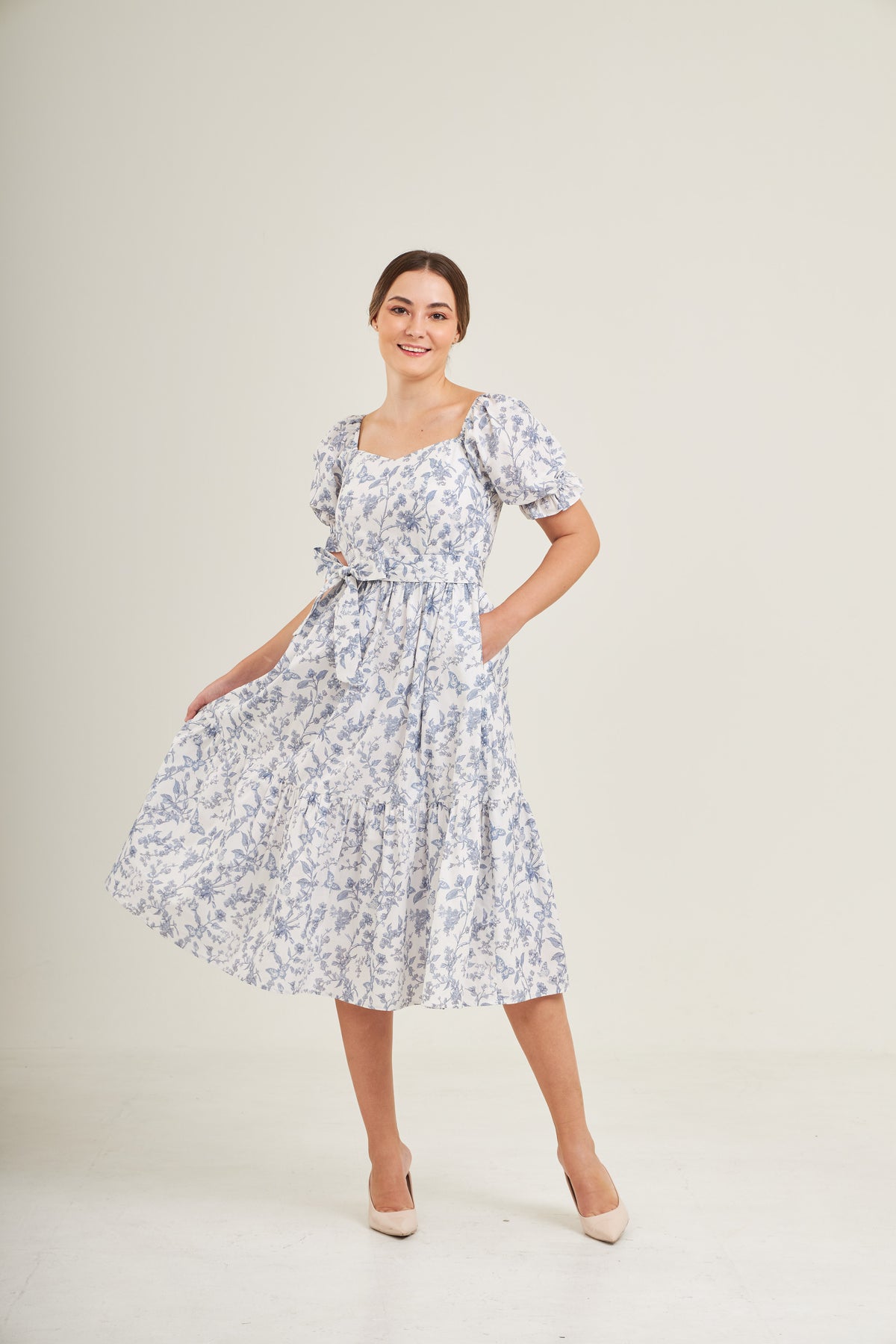 Ann Midi Dress with Nursing Zippers in Blue Toile Butterfly