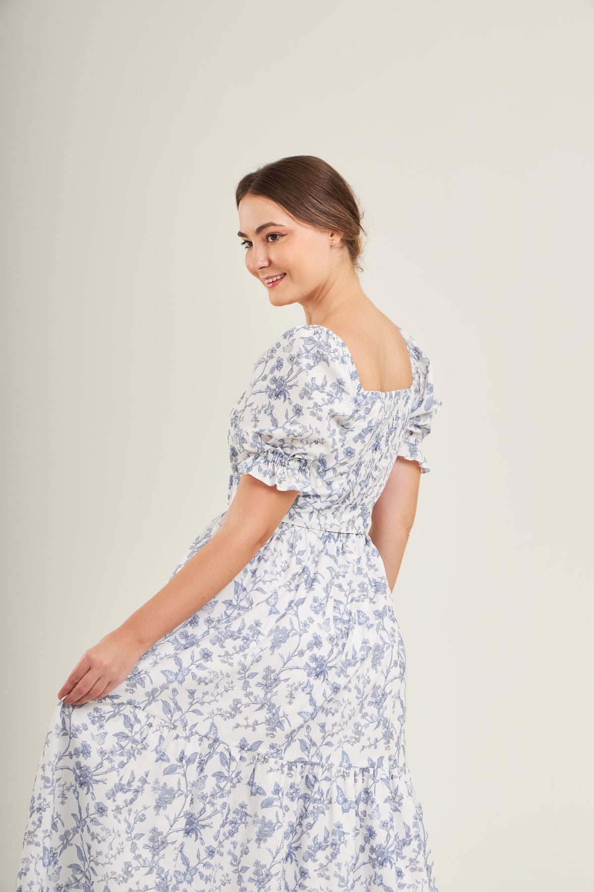 Ann Midi Dress with Nursing Zippers in Blue Toile Butterfly