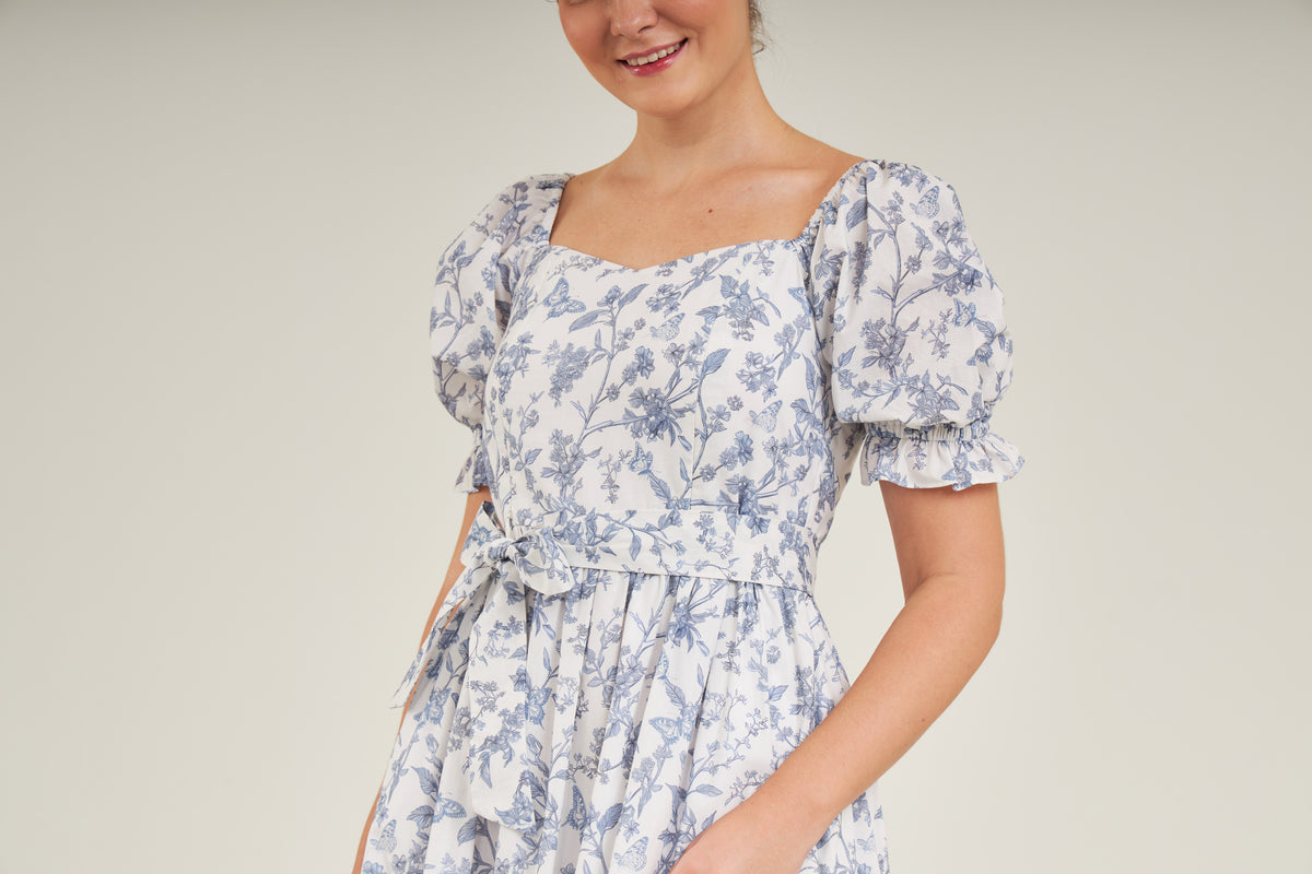 Ann Midi Dress with Nursing Zippers in Blue Toile Butterfly