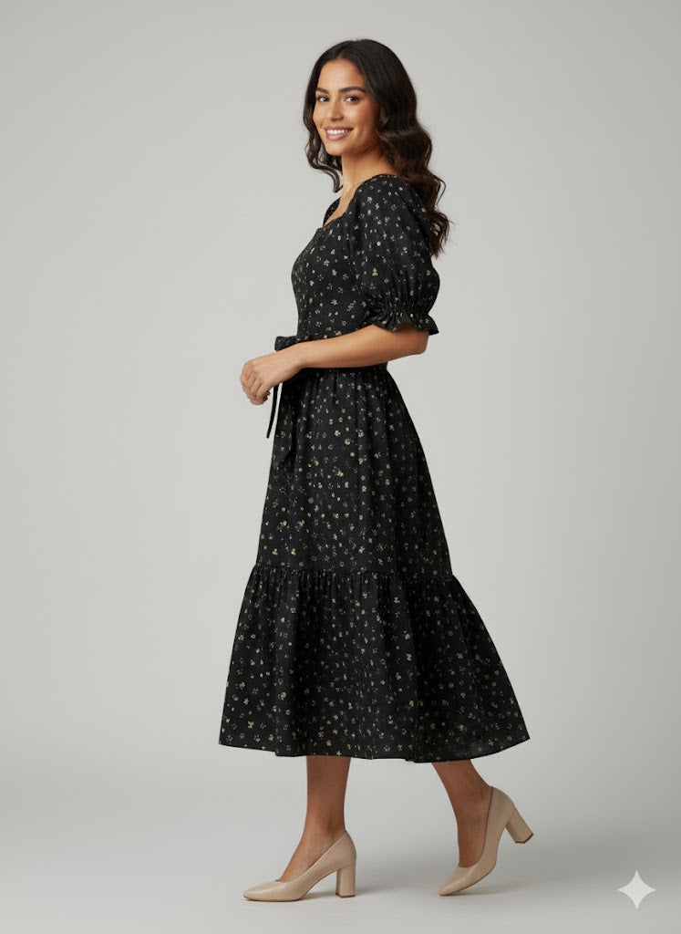 Ann Midi Dress with Nursing Zippers in Black Floral