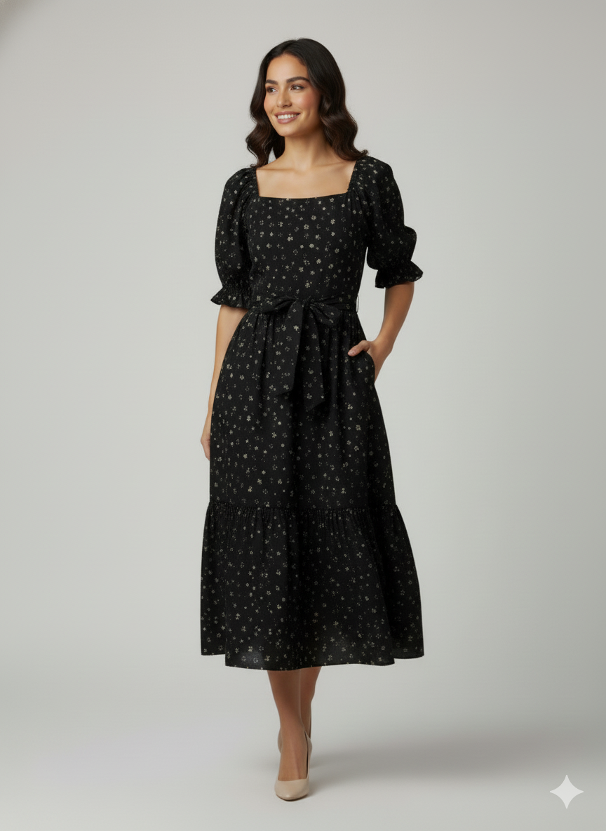 Ann Midi Dress with Nursing Zippers in Black Floral