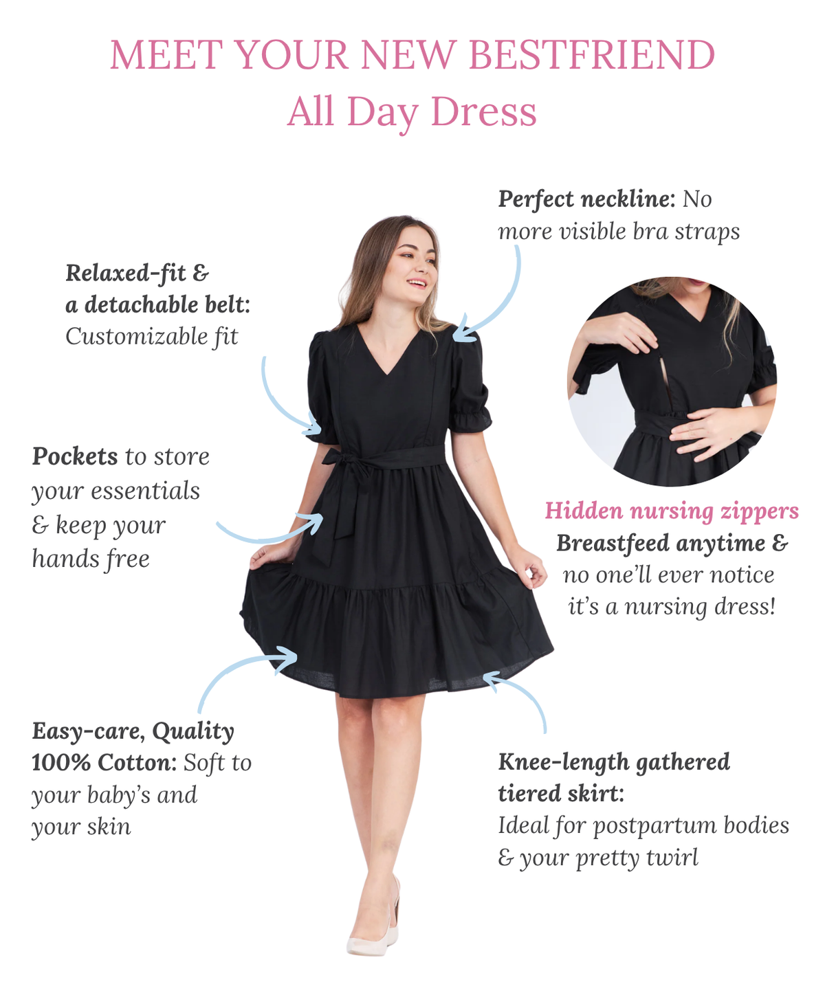 All Day Dress with Nursing Zippers in Black