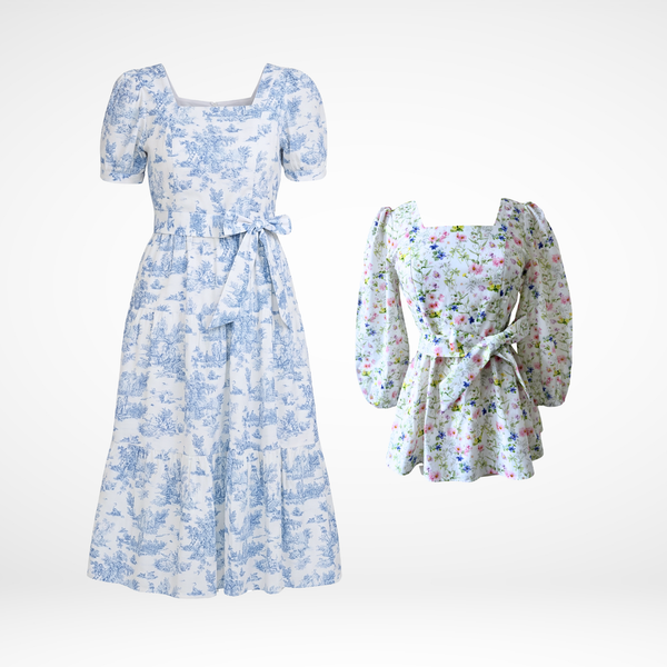 Versa Dress in Vintage Blue Toile + Embrace Top in Sweet Wildflowers
