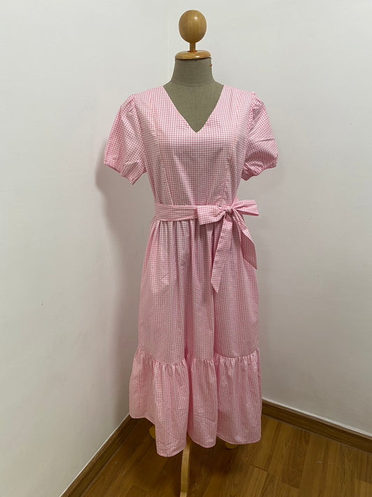 A15: Sample Charming Dress with Nursing Zippers in Pink Gingham, Relaxed Fit, Subtle Puff Sleeves, Midi length, Size S