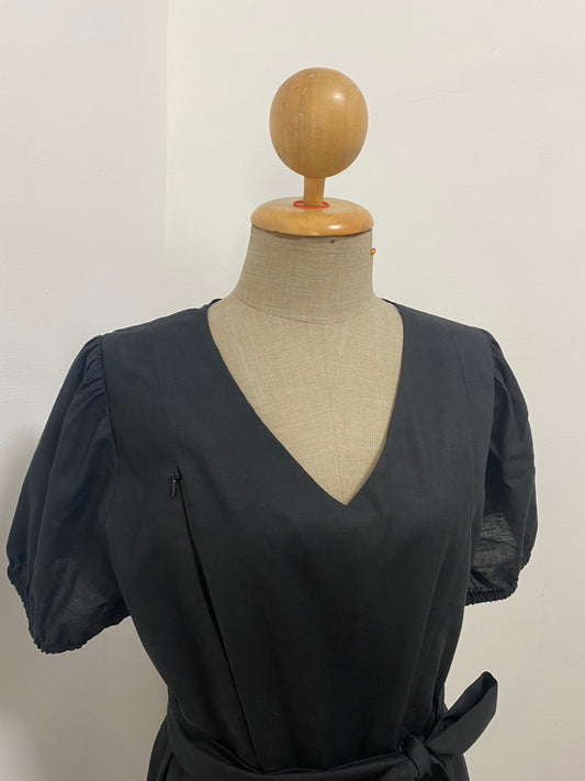 A38: Sample Charming Dress with Nursing Zippers in Black, Relaxed Fit, Subtle Puff Sleeves, Midi length, Size S