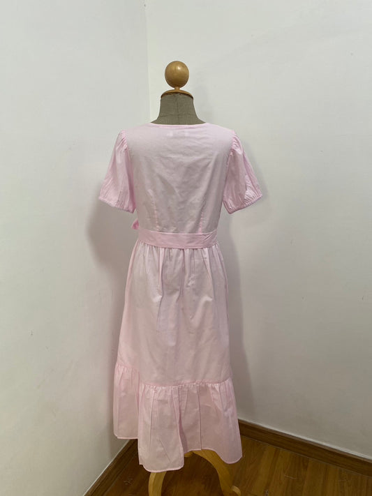 A27: Sample Charming Dress with Nursing Zippers in Light Pink, Relaxed Fit, Subtle Puff Sleeves, Midi length, Size S, M