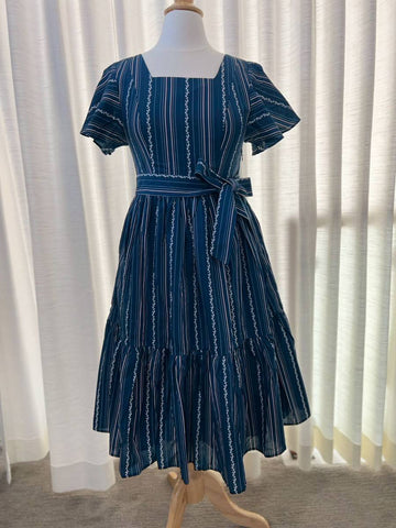 D30: Princess Cotton Midi Dress with Nursing Zippers in Navy Vine Stripe, Size XS (Slightly Imperfect Product)