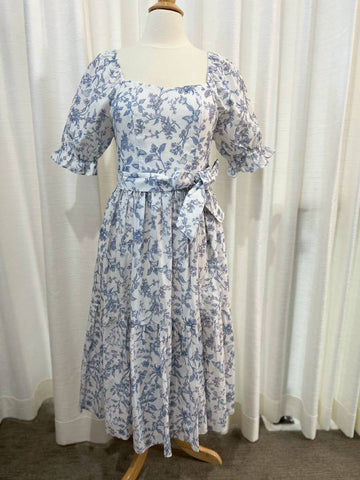 D29: Ann Midi Dress with Nursing Zippers in Blue Toile Butterfly, Size M (Slightly Imperfect Product)