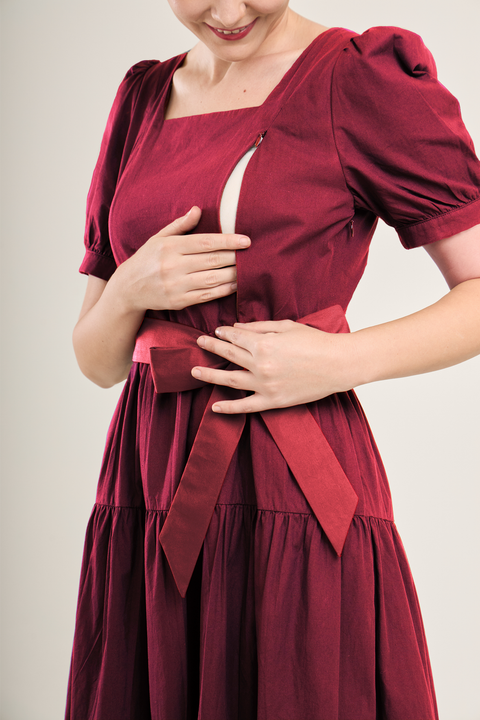 Versa Cotton Dress with Nursing Zippers in Red Burgundy (Final Sale)