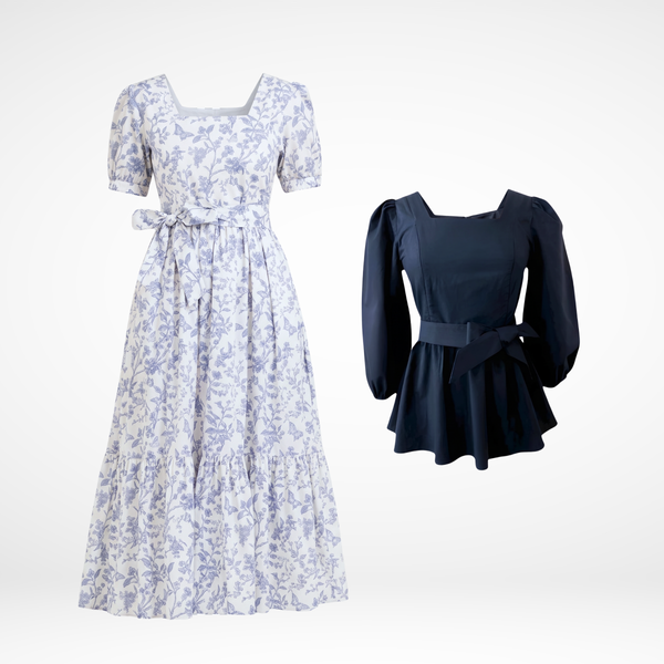 Versa Dress in Blue Toile Butterfly + Embrace Top in Black