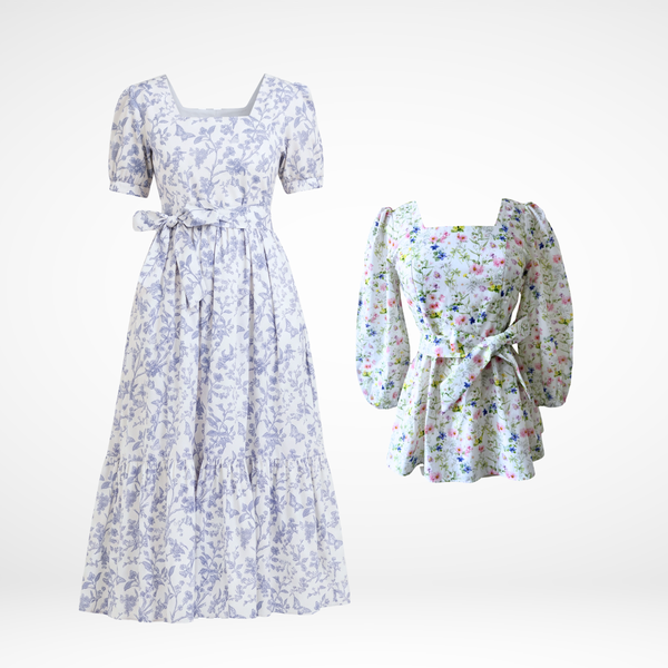 Versa Dress in Blue Toile Butterfly + Embrace Top in Sweet Wildflowers