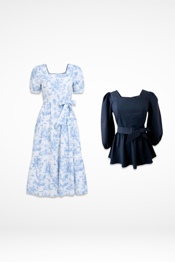 Versa Dress in Vintage Blue Toile + Embrace Top in Black