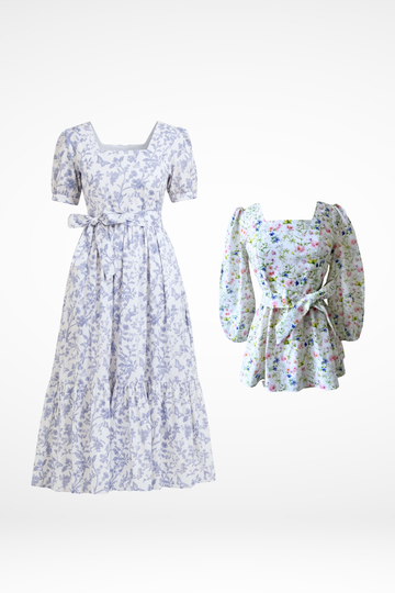 Versa Maxi Dress in Blue Toile Butterfly + Embrace Top in in Sweet Wildflowers
