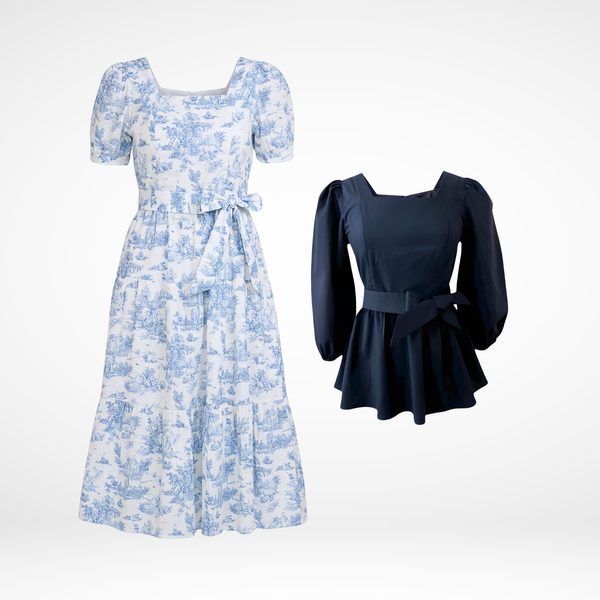 Versa Dress in Vintage Blue Toile + Embrace Top in Black