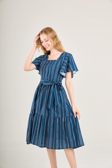 Princess Cotton Midi Dress with Nursing Zippers in Navy Vine Stripe (Final Sale)