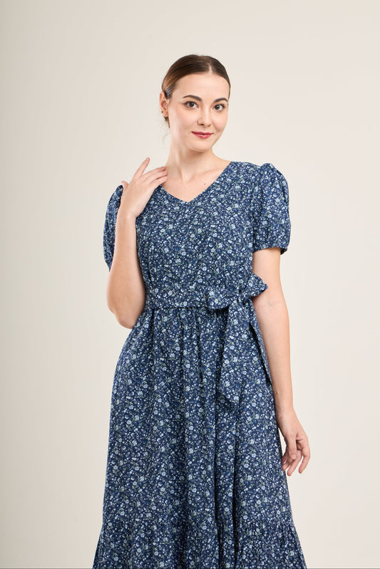 Charming Cotton Dress with Nursing Zippers in Navy Floral