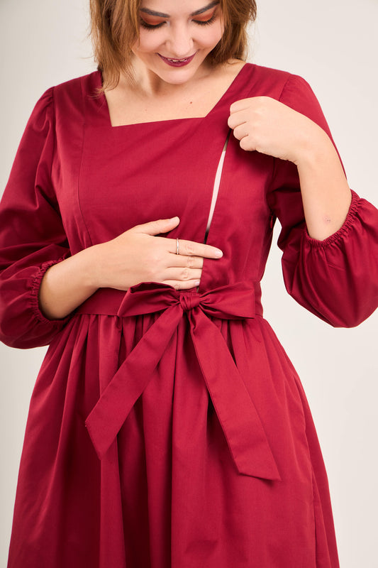 Embrace Long Sleeve Maxi Dress with Nursing Zippers in Burgundy (Final Sale)