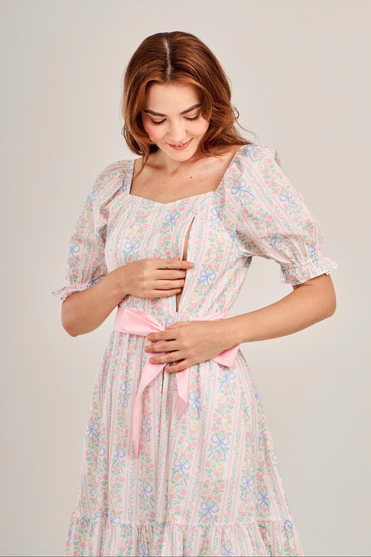 Ann Midi Dress with Nursing Zippers in Bowtanical Rose Garden