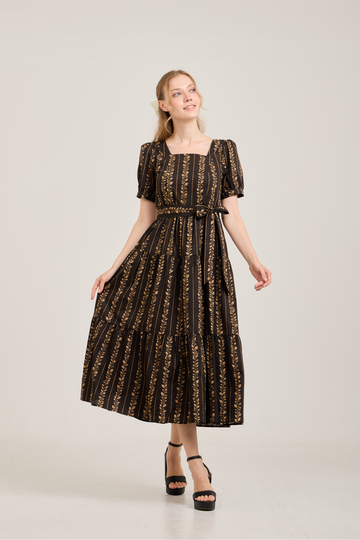 Versa Dress with Nursing Zippers in Brown Leaf Vine
