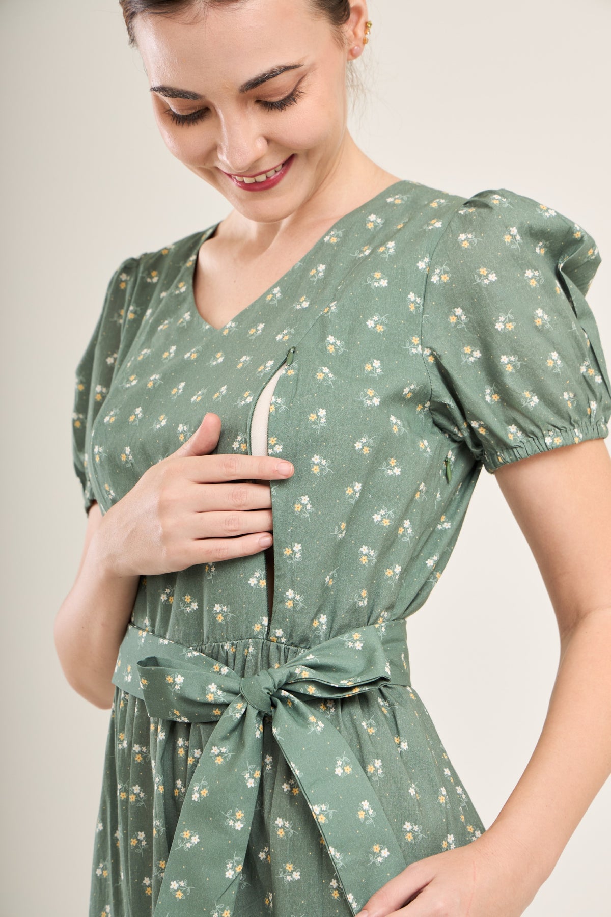 Charming Cotton Dress with Nursing Zippers in Green Floral (Final Sale)