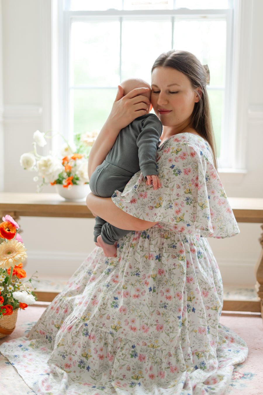 Princess Cotton Midi Dress with Nursing Zippers in Sweet Wildflowers