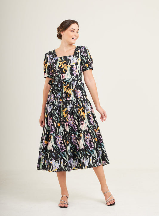 Versa Cotton Linen Dress with Nursing Zippers in Dark Floral (Final Sale)