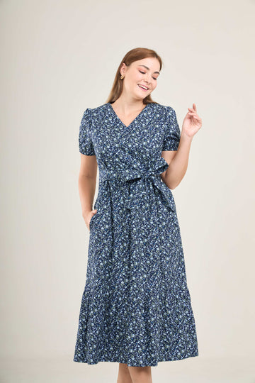 "Mome Lite" Charming Cotton Dress with Nursing Zippers in Navy Floral (Final Sale)