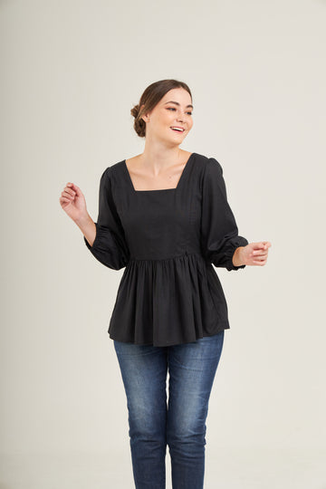 Embrace Cotton Linen Top with Nursing Zippers in Black