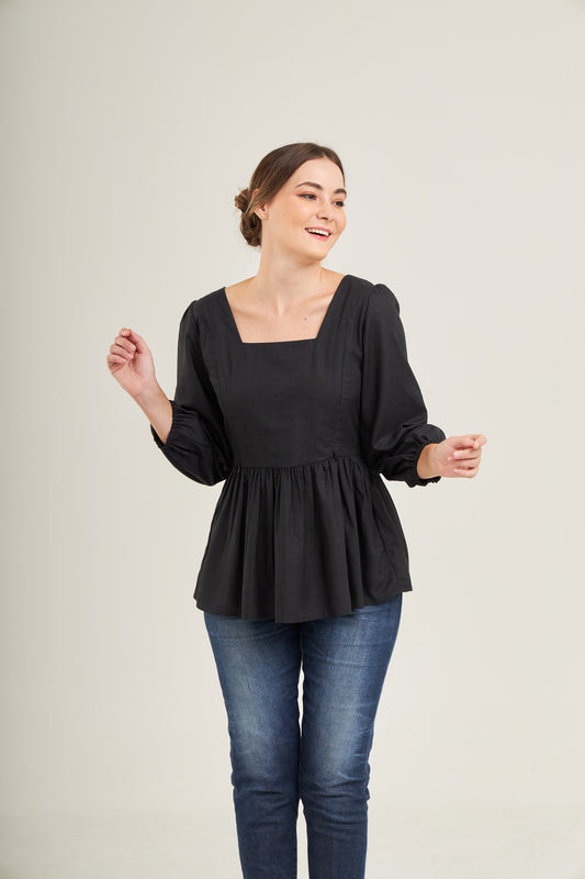 Embrace Cotton Linen Top with Nursing Zippers in Black