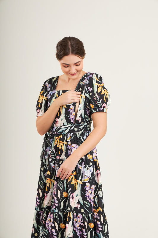 Versa Cotton Linen Dress with Nursing Zippers in Dark Floral (Final Sale)