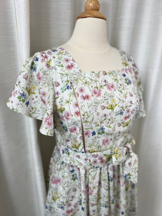 B17: Sample Princess Cotton Linen Midi Dress with Nursing Zippers in Sweet Wildflowers, Size S