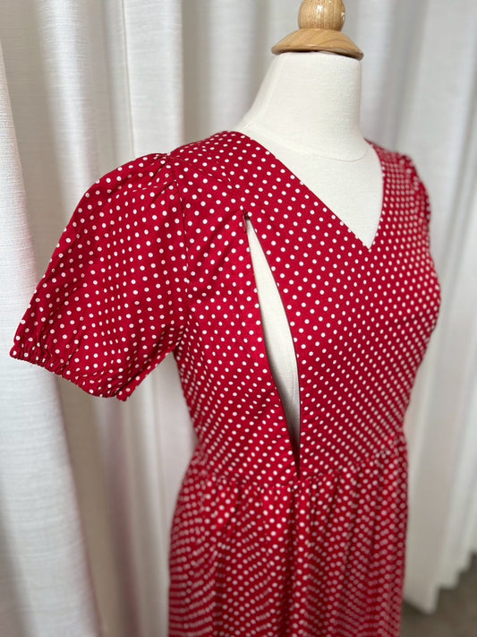 D26: Sample Charming Cotton Dress with Nursing Zippers in Red Polka Dot, Size S (Final Sale)