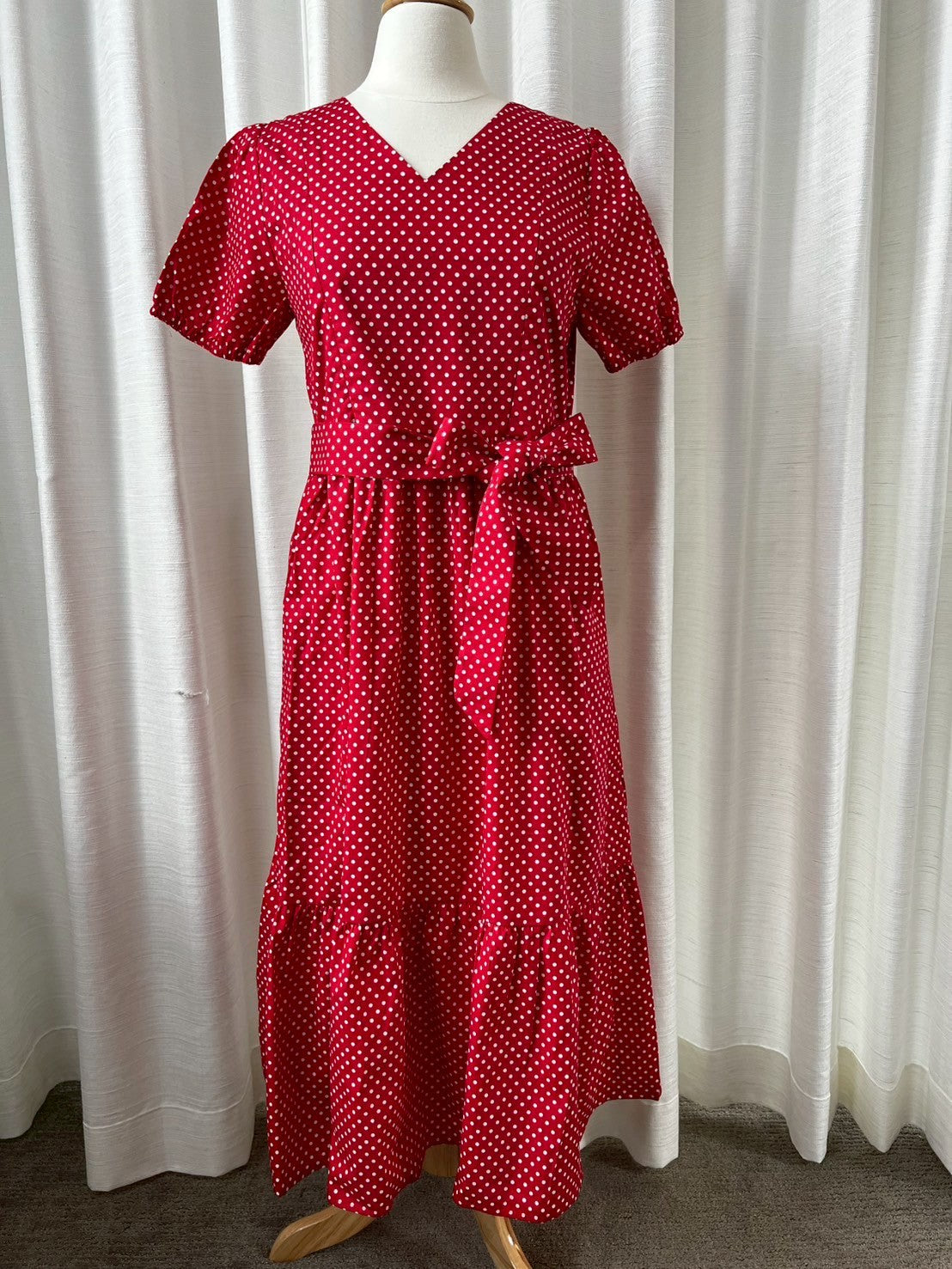 D26: Sample Charming Cotton Dress with Nursing Zippers in Red Polka Dot, Size S (Final Sale)