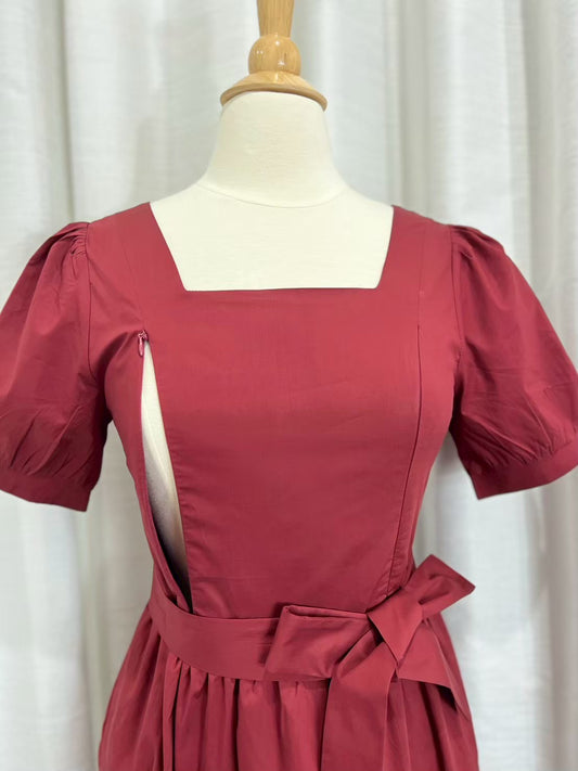 *Sample* Versa Cotton Dress with Nursing Zippers in Red Burgundy, XS