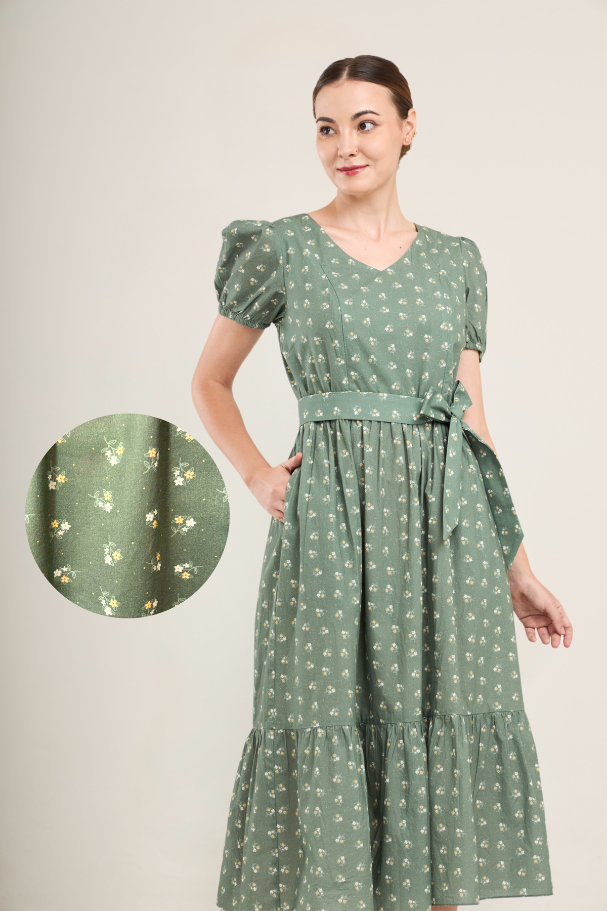 Charming Cotton Dress with Nursing Zippers in Green Floral (Final Sale)