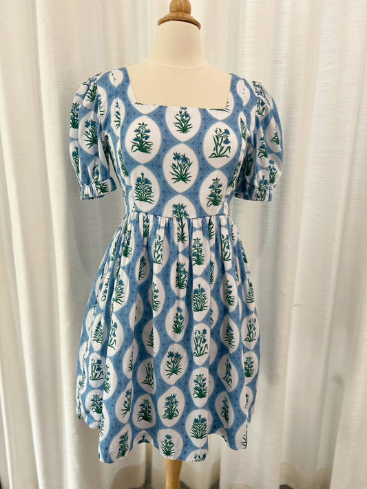 A51: Sample Dress with Nursing Zippers in Blue Aman (Size: S: bust = 35
