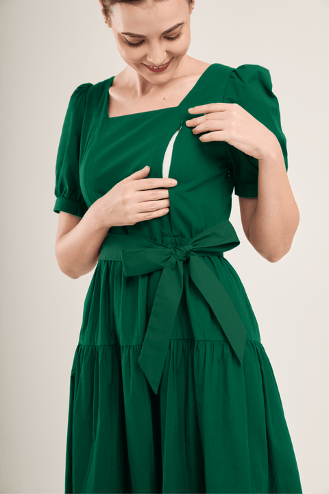 Versa Cotton Dress with Nursing Zippers in Evergreen (Final Sale)
