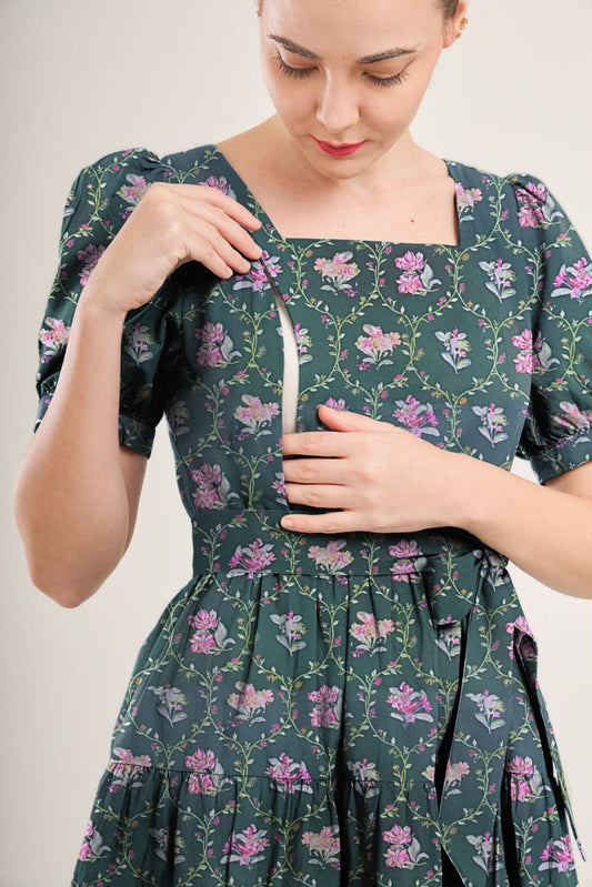 Versa Cotton Dress with Nursing Zippers in Green Floral Trellis