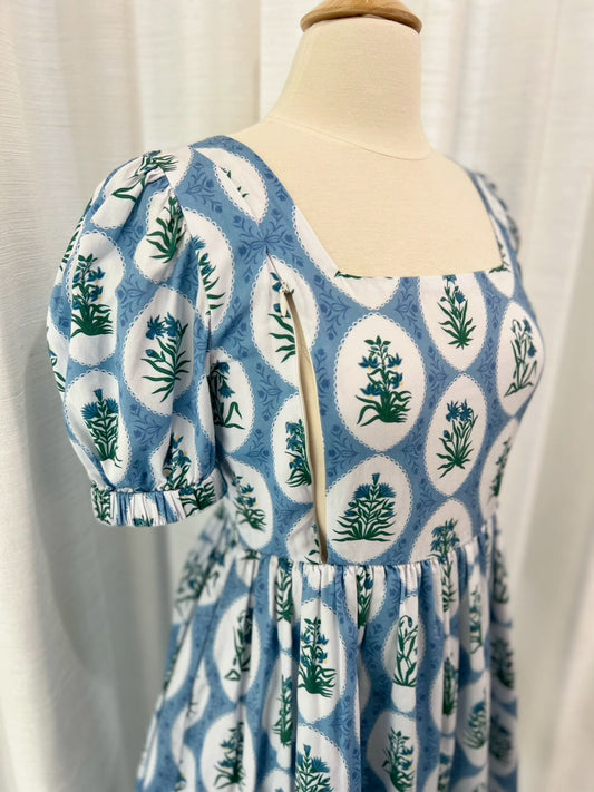 A51: Sample Dress with Nursing Zippers in Blue Aman (Size: S: bust = 35